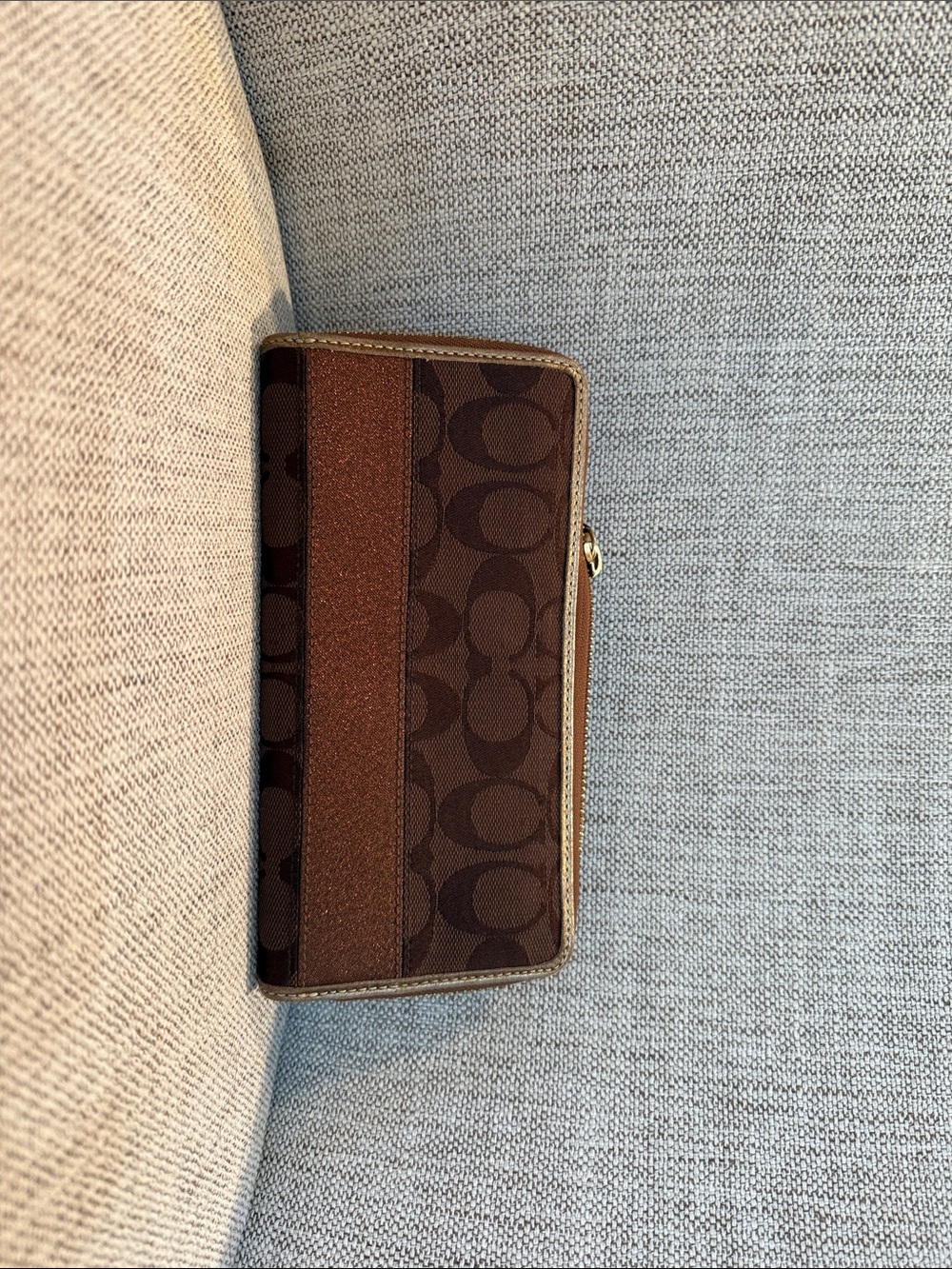 Coach Brown Signature Zip Wallet with Center Stripe